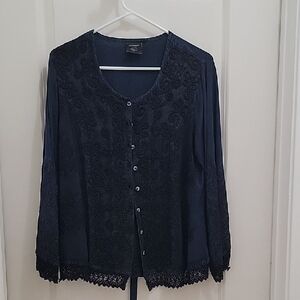 Christopher & Banks Dark Blue Embroidered Blouse